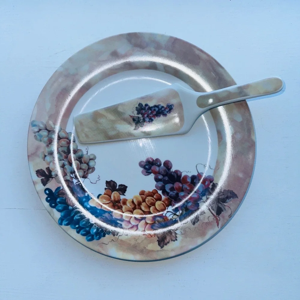 I. Godinger & Co. Porcelain Cake Plate and Server Set Grapes Motif Multicolor
